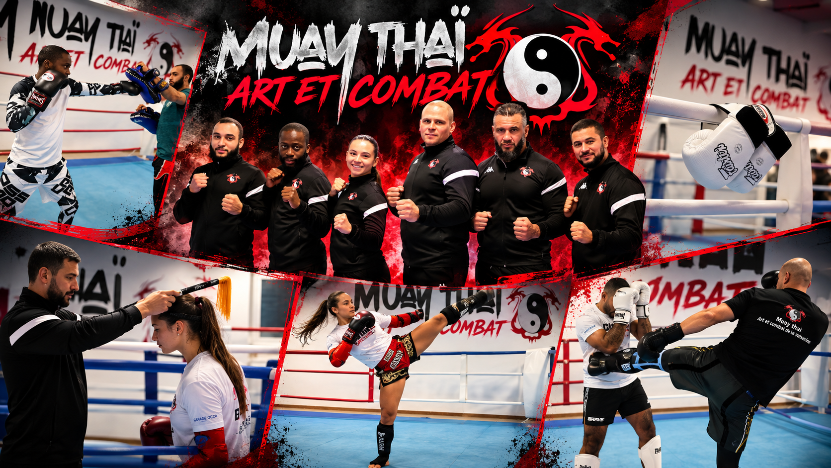 La salle d'Art et Combat avec son ring, ses sacs de frappe et la fresque Muay Thaï