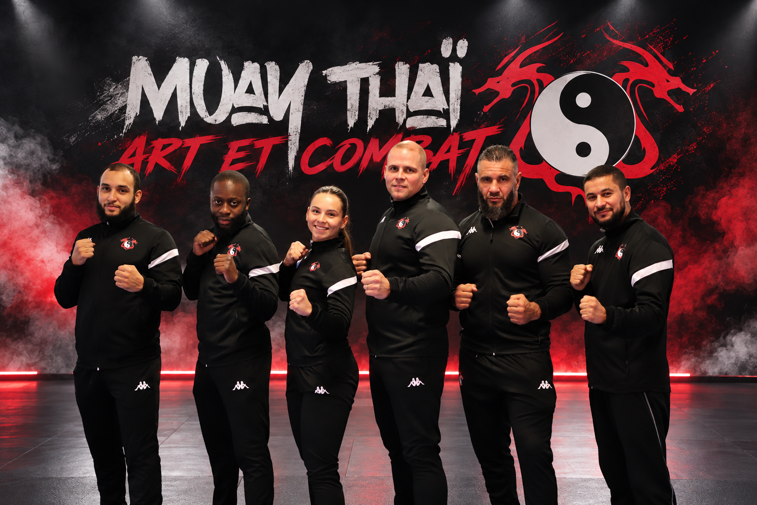 Les six coachs du club en tenue, poings levés, devant le ring